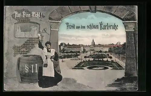 AK Karlsruhe, Partie am Schloss, Frau mit Bierkrug