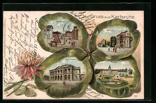 Lithographie Karlsruhe, Marktplatz, Festhalle, Hoftheater, Schloss