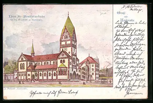 Künstler-AK Karlsruhe, Neue St. Bonifatiuskirche i. d. Weststadt