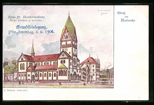 Künstler-AK Karlsruhe, Neue St. Bonifatiuskirche i. d. Weststadt