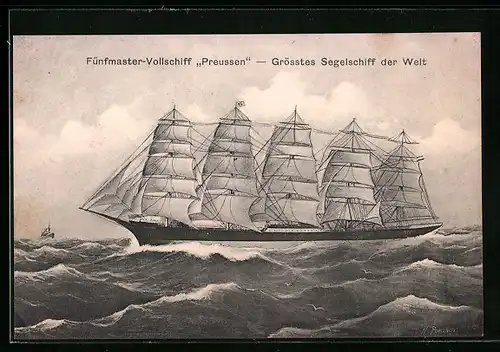 AK Fünfmaster-Vollschiff Preussen, grösstes Segelschiff der Welt, auf See