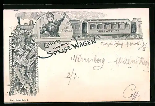 Künstler-AK Deutsch-Eisenbahn-Speisewagen-Gesellschaft, Eisenbahn