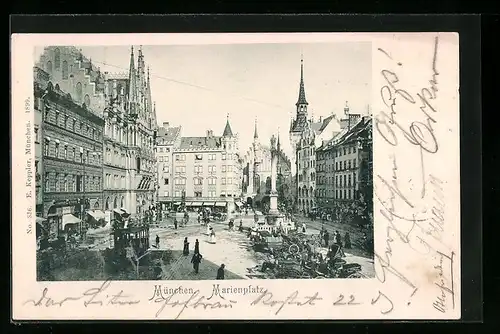 AK München, Marienplatz mit Strassenbahn und Mariensäule