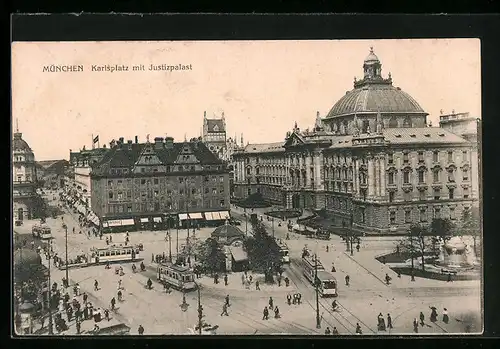 AK München, Karlsplatz von oben mit Strassenbahnen