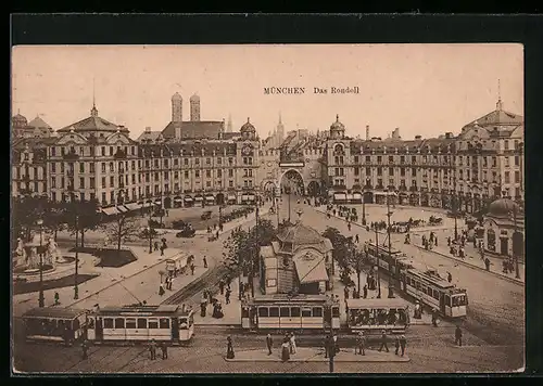 AK München, Rondell mit Strassen und Strassenbahnen
