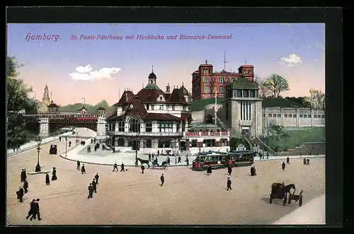 AK Hamburg-St. Pauli, Fährhaus mit Strassenbahn