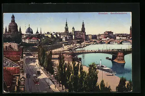 AK Dresden, Ortsansicht mit Strassenbahn vor Elbbrücke