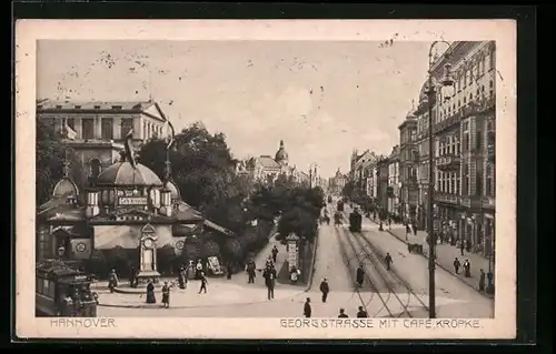 AK Hannover, Georgstrasse mit Cafe Kröpcke und Strassenbahnen