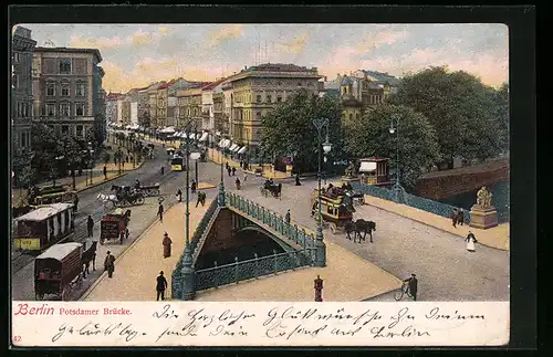 AK Berlin-Tiergarten, Strassenbahn und Kutschen auf der Potsdamer Brücke