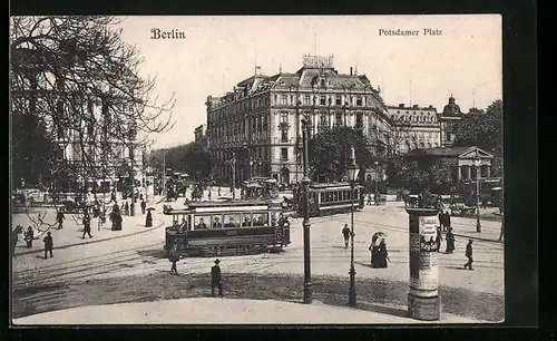 AK Berlin, Potsdamer Platz mit Strassenbahnen und Litfasssäule