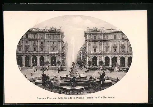 AK Roma, Fontana delle Naladi in Piazza Termini e Via Nazionale, Strassenbahn