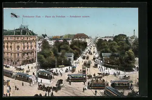 AK Berlin, Zahlreiche Strassenbahnen am Potsdamer Platz, von oben gesehen