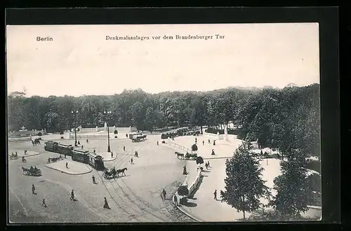 AK Berlin, Denkmalsanlagen vor dem Brandenburger Tor mit Strassenbahnen