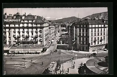 AK Genève, La Rue de Mont-Blanc et Mont-Banc, Strassenbahn