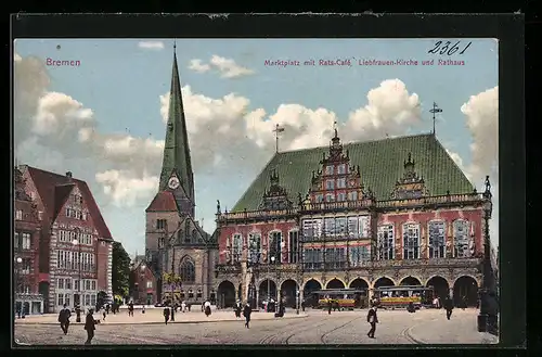 AK Bremen, Strassenbahnen auf dem Marktplatz, mit Rats-Cafe, Rathaus und Liebfrauenkirche