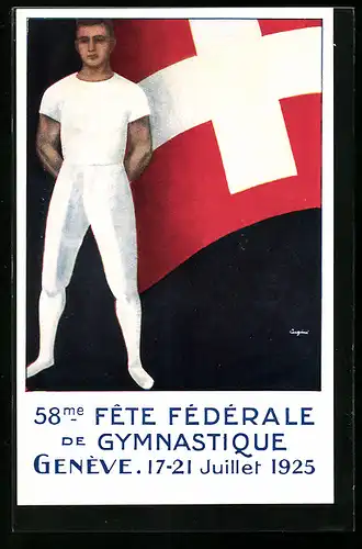 Künstler-AK Geneve, 58me. Fete Federale de Gymnastique 17.-21.07.1925, Turner vor schweizer Fahne