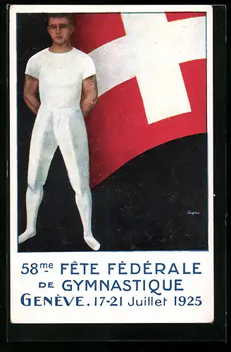 Künstler-AK Geneve, 58me. Fete Federale de Gymnastique 17.-21.07.1925, Turner vor schweizer Nationalflagge