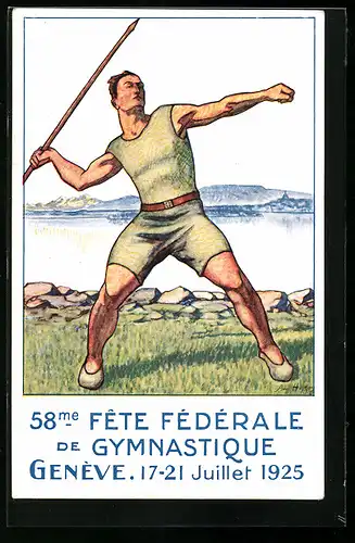 Künstler-AK Geneve, 58me. Fete Federale de Gymnastique 17.-21.07.1925, Speerwerfer im Wettkampf