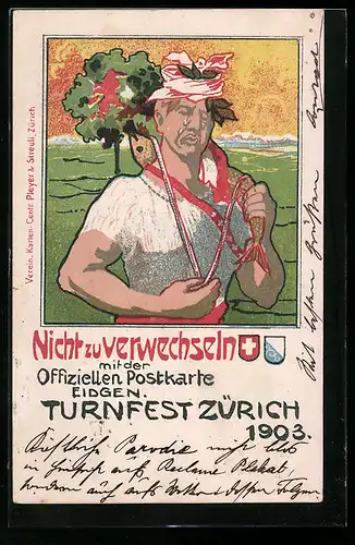 Künstler-AK Zürich, Turnfest 1903, Karikatur der offiziellen Postkarte