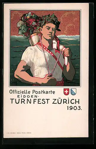 Künstler-AK Zürich, Turnfest 1903, offizielle Postkarte, Turner mit Füllhorn