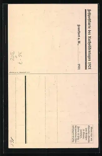 Künstler-AK Frankfurt a. M., 61. General-Versammlung der Katholiken Deutschlands 27.-30.08.1921