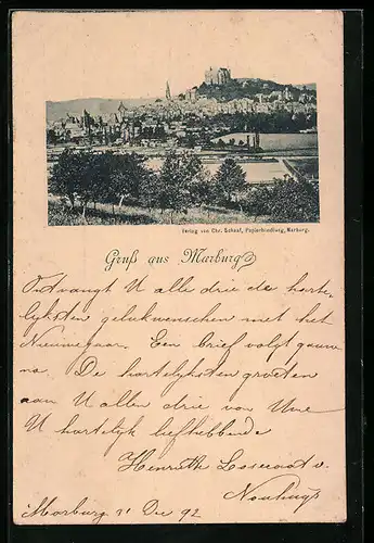 Vorläufer-AK Marburg, 1892, Fernblick auf die Stadt