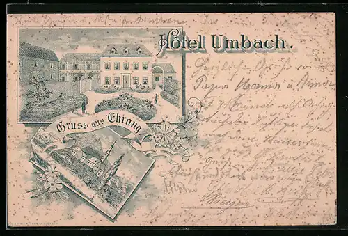 Lithographie Ehrang, Hotel Umbach, Ortsansicht