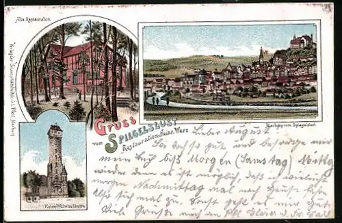 Lithographie Marburg, Gasthof Spiegelslust, Kaiser Wilhelm Thurm