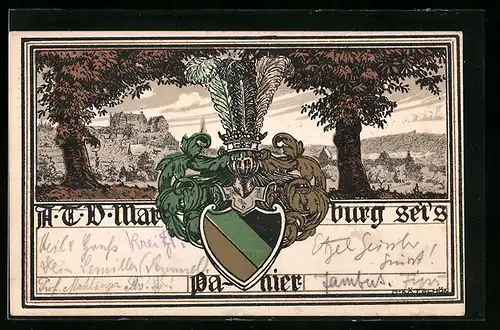 Künstler-AK Marburg, A. T. V. Marburg sei`s Panier, Studentenwappen