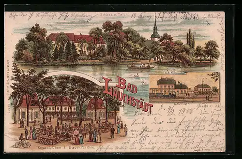 Lithographie Bad Lauchstädt, Bahnhof, Kursaal, Lese & Bade-Pavillon
