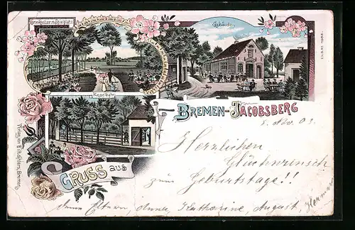 Lithographie Bremen-Jacobsberg, Kegelbahn, Gebäude, Garten-Restaurant