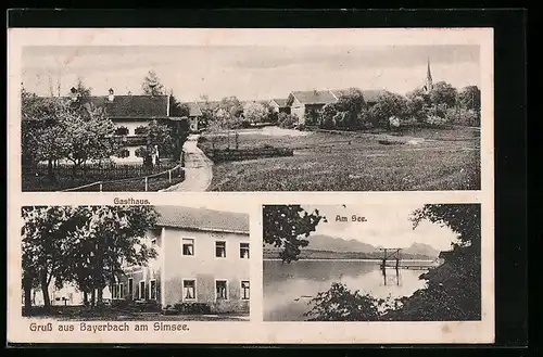 AK Bayerbach /Simsee, Gasthaus, Ortspanorama, Seepartie