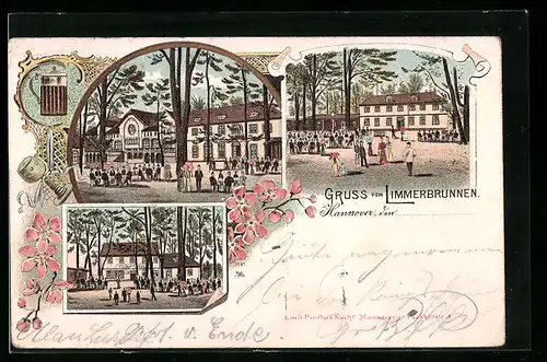 Lithographie Hannover, Gaststätte Limmerbrunnen, Vorder- und Rückansicht mit Garten