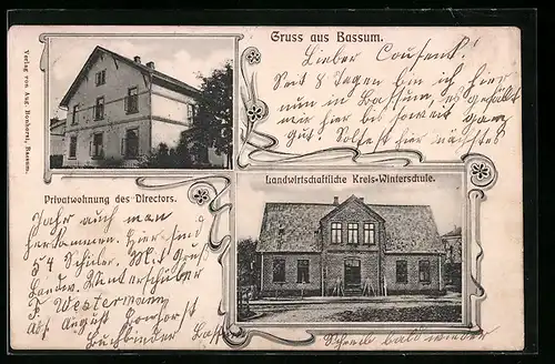 Passepartout-AK Bassum, Landwirtschaftliche Kreis-Winterschule, Privatwohnung des Directors