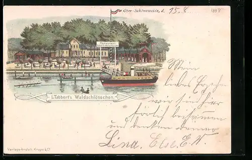 Lithographie Berlin-Oberschöneweide, Restaurant L. Tabberts Waldschlösschen mit Dampfer am Anleger