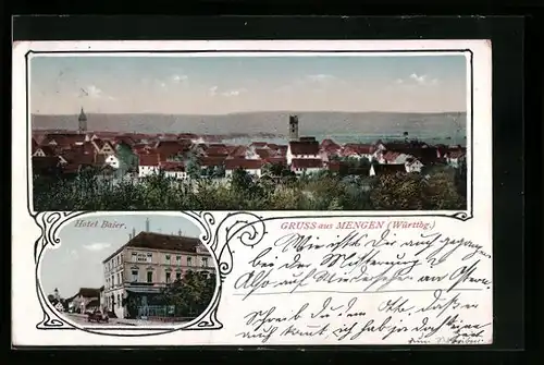 Passepartout-AK Mengen /Württ., Hotel Baier, Ortsansicht aus der Vogelschau