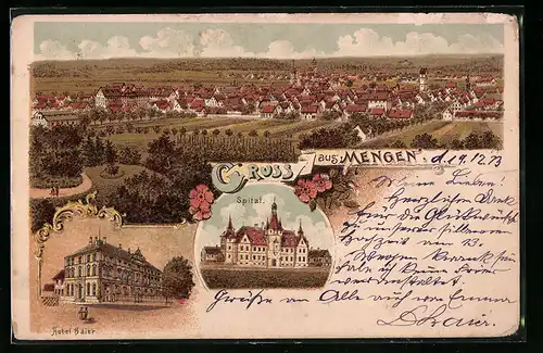 Lithographie Mengen, Hotel Baier, Spital, Gesamtansicht