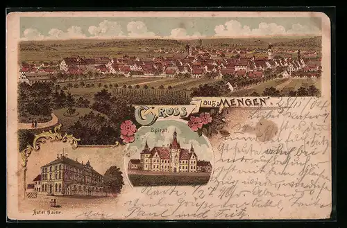 Lithographie Mengen, Spital, Hotel Baier, Gesamtansicht aus der Vogelschau