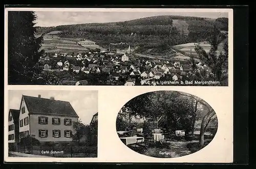 AK Igersheim bei Bad Mergentheim, Cafe Schmitt mit Garten, Ortsansicht aus der Vogelschau