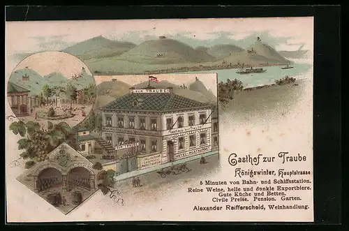 Lithographie Königswinter, Gasthof zur Traube A. Reifferscheid mit Garten und Keller, Rheinpanorama