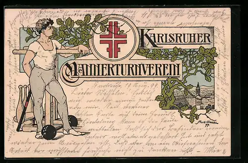 Lithographie Karlsruhe i. B., Karlsruher Männerturnverein, Turner am Reck, Schloss