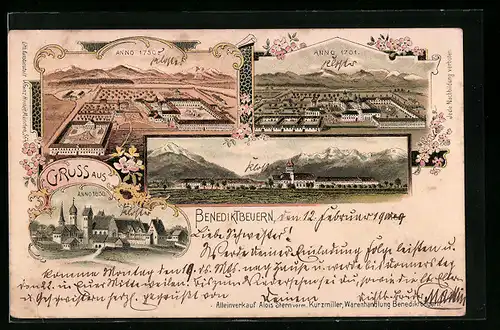 Lithographie Benediktbeuern, Historische Ansichten, Kloster mit Bergpanorama
