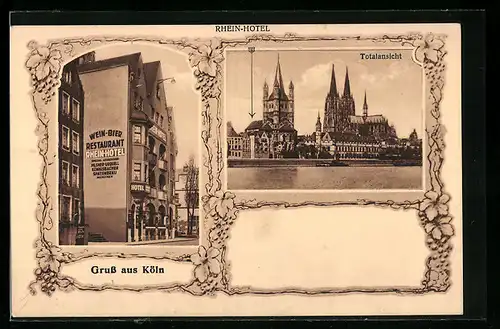 AK Köln, Rhein-Hotel L. Gummersbach, Frankenwerft 27 mit Strasse, Totalansicht