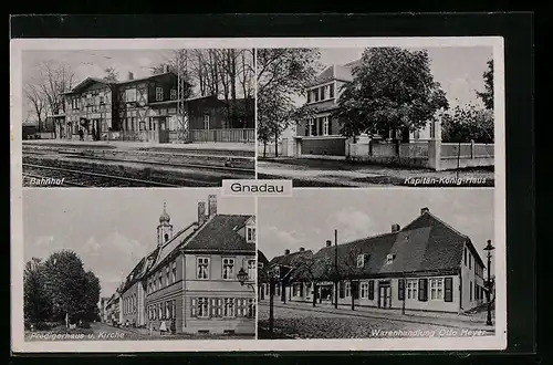 AK Gnadau, Bahnhof, Kapitän-König-Haus, Predigerhaus, Warenhandlung Otto Heyer