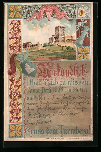 Lithographie Durlach, Blick zum Turmberg, Urkunde
