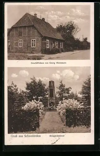 AK Schwaförden, Geschäftshaus von Georg Hedemann, Kriegerdenkmal