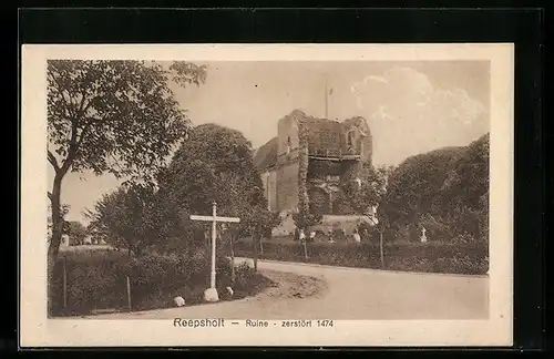 AK Reepsholt, Kreuz vor zerstörter Ruine