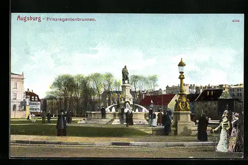 AK Augsburg, Spaziergänger am Prinzregentenbrunnen