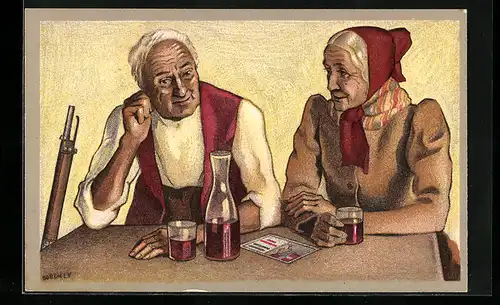 AK Schweizer Schützenverein, 1824-1924, Paar bei einem Glas Wein, Gewehr lehnt am Tisch