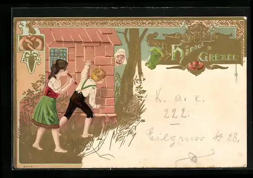 Präge-AK Hänsel und Gretel werden von der Hexe ins Haus gelockt